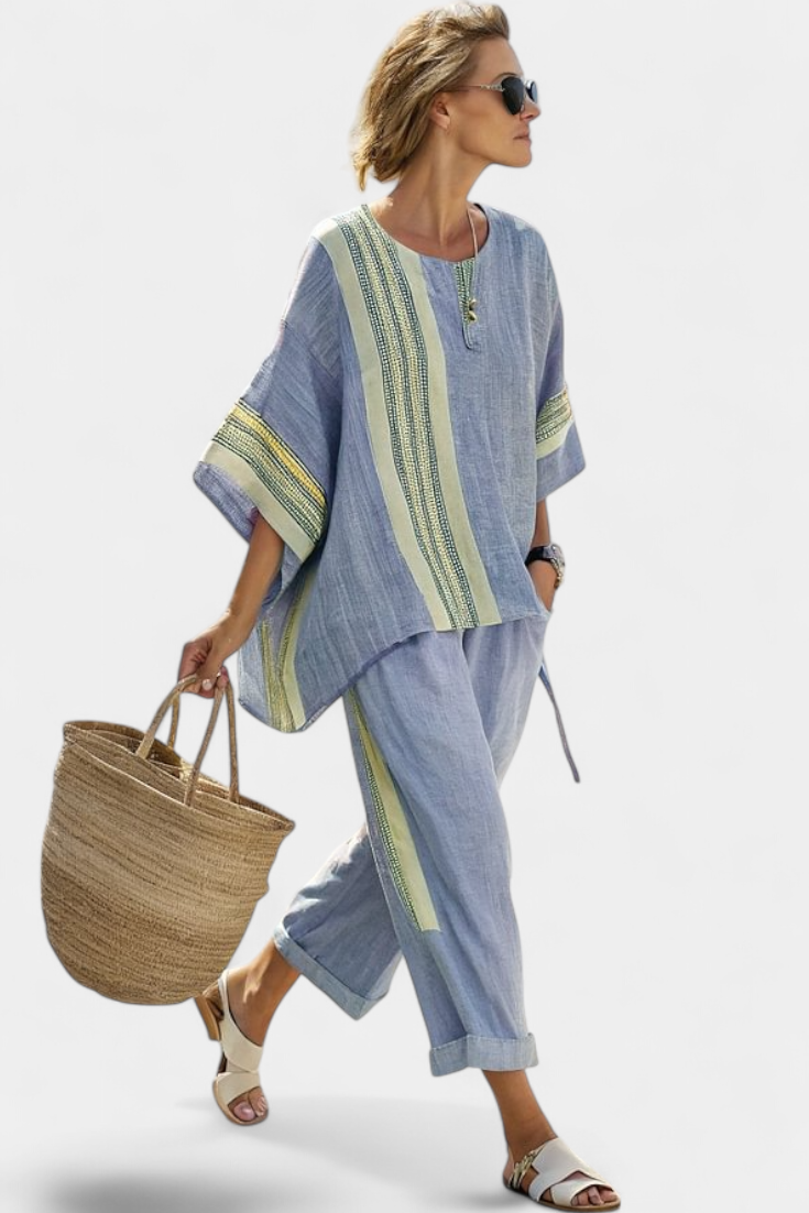 Elowric | Top elegante di Lavanda e Pantaloni a Righe Mostaza