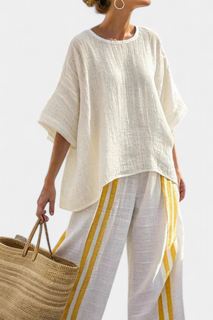 Anselor | Elegante Top di Lino a Righe gialle e Pantaloni a gamba larga