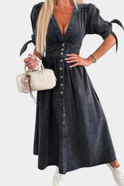 Adelina Abito midi in denim con Bottoni e scollo a V