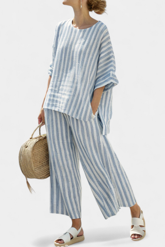 Rensleigh | Top di lino blu a righe sofisticato e pantaloni relajados