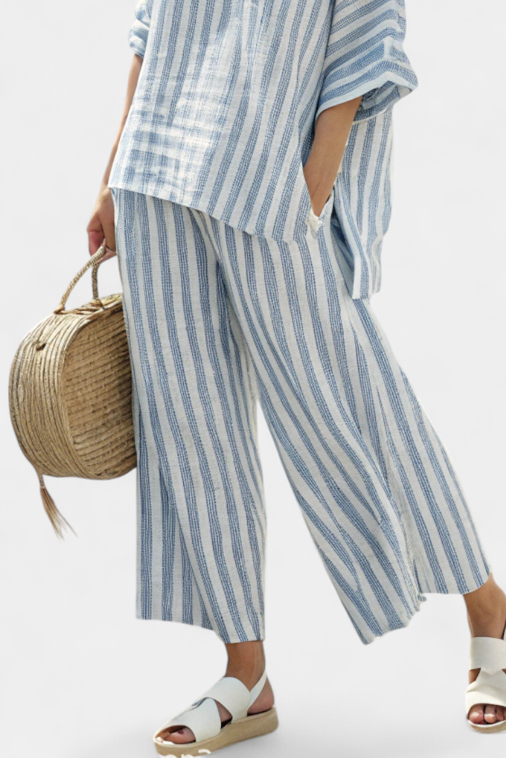 Rensleigh | Top di lino blu a righe sofisticato e pantaloni relajados