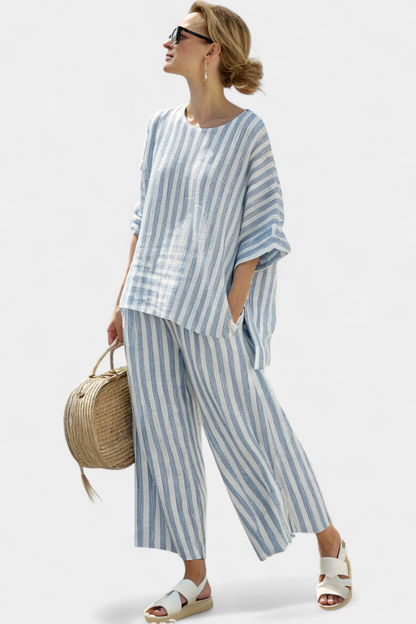 Rensleigh | Top di lino blu a righe sofisticato e pantaloni relajados