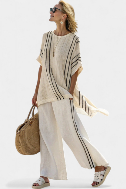 Greysen | Blusa in lino avorio elegante e pantaloni negros a righe