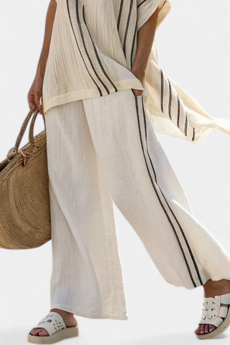 Greysen | Blusa in lino avorio elegante e pantaloni negros a righe