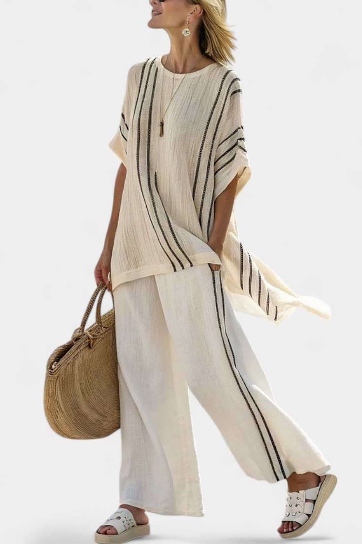 Greysen | Blusa in lino avorio elegante e pantaloni negros a righe