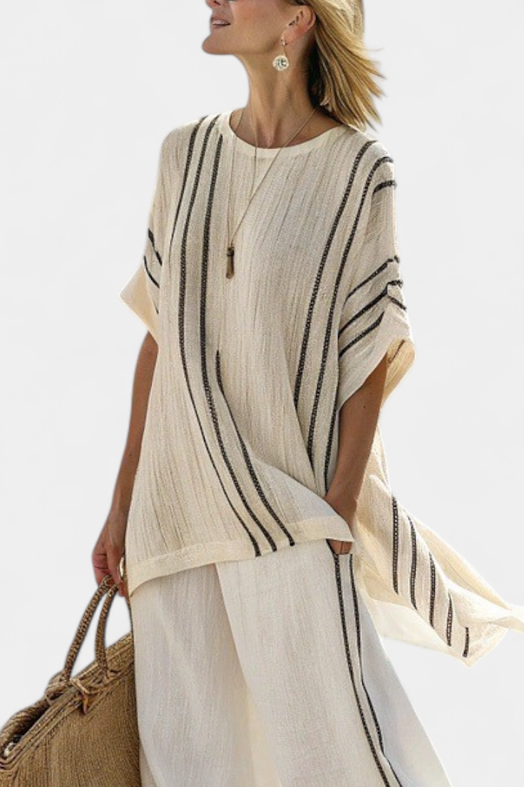 Greysen | Blusa in lino avorio elegante e pantaloni negros a righe