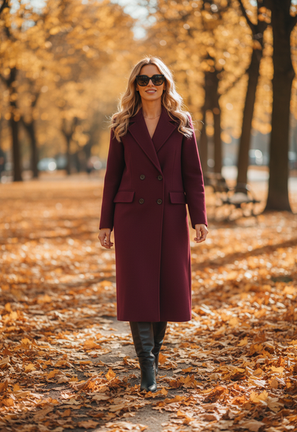 Cappotto Stephanie – Elegante giacca invernale lunga colore bordeaux.