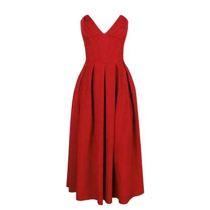 Aria – Elegante Abito midi Plissettato Senza Spalline