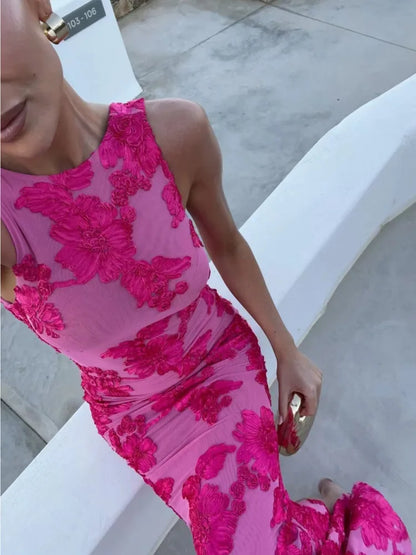 Calliope - Abito maxi in rete con applicazioni floreali
