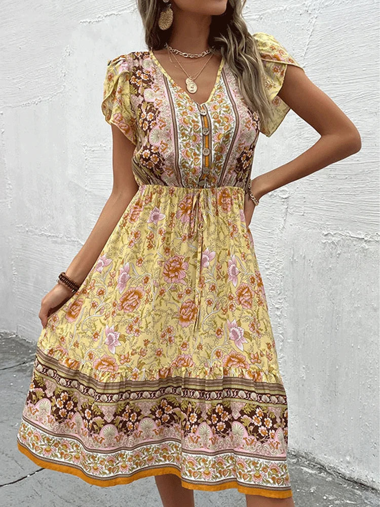 Celia - Abito Midi Boho Floreale Verde