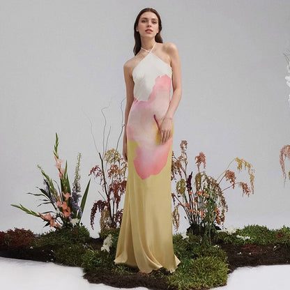 Ismena - Elegante abito maxi floreale con scollo asimmetrico