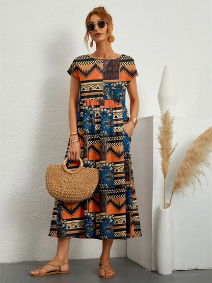 Hannah™ - Abito impreso elegante di collo rotondo con tasche