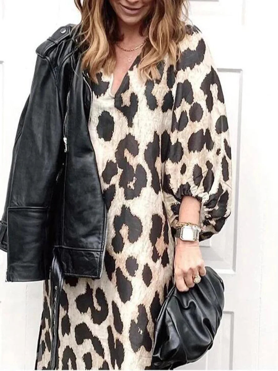 Zarina | Abito maxi di Collo a V con Stampalleopardata