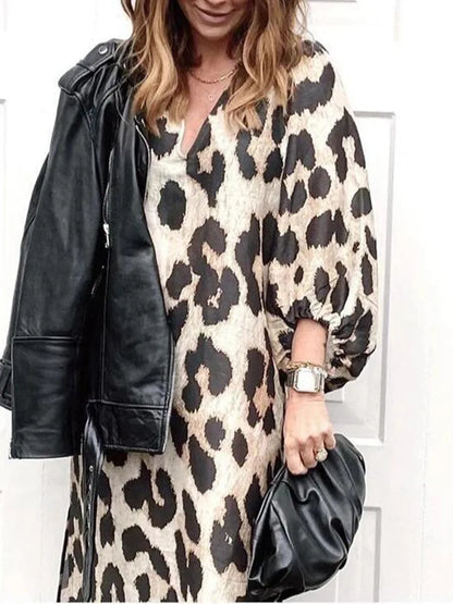 Zarina | Abito maxi di Collo a V con Stampalleopardata