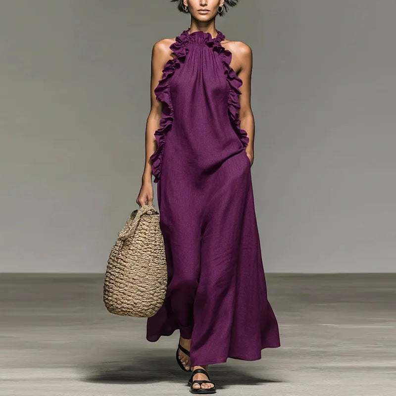 Abito lungo Boho con Collo halter e Volant