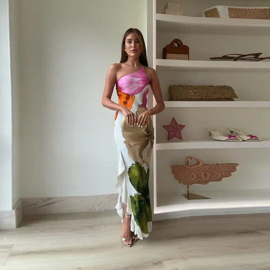 Ismena - Elegante abito maxi floreale con scollo asimmetrico