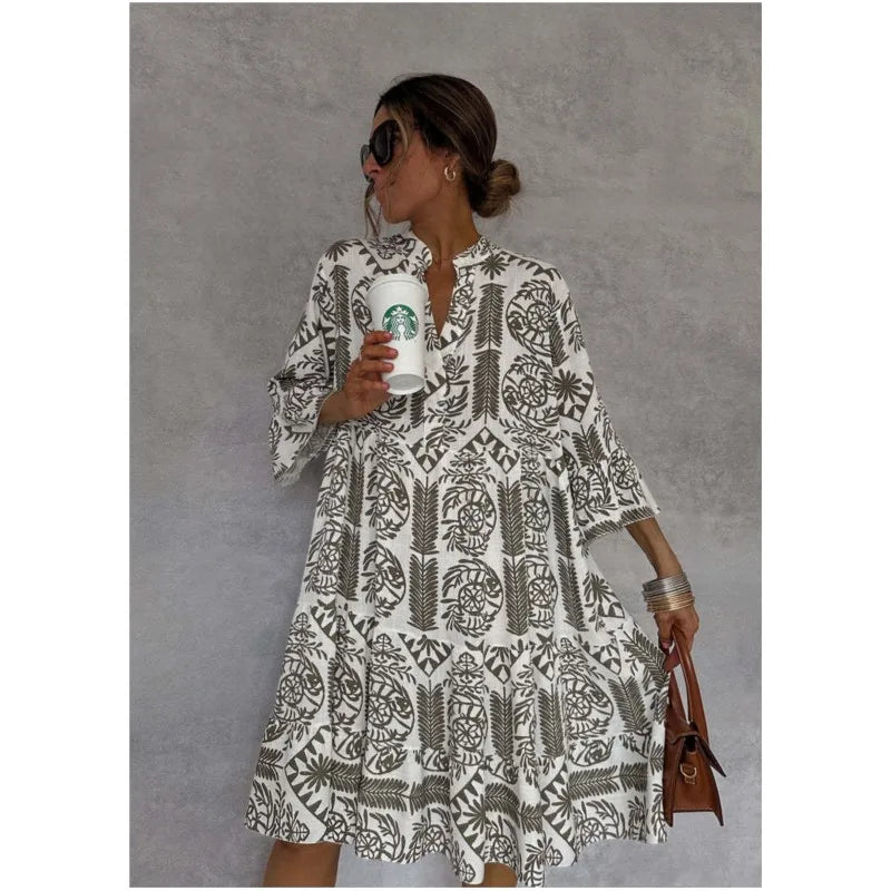 Adeline | Abito di Gonna A-Line con scollo a V Stampato