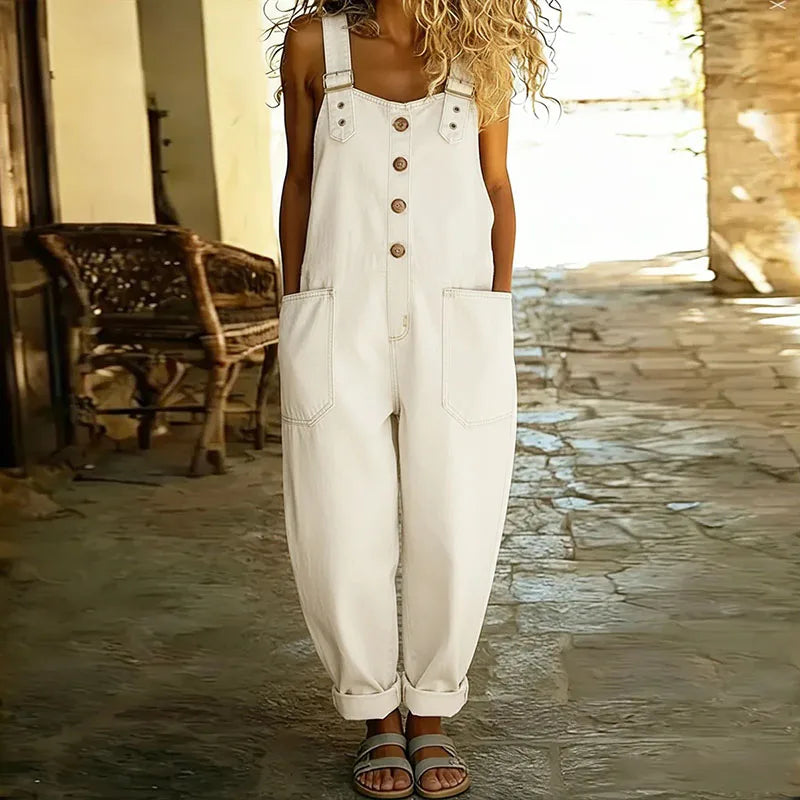 Mara - Pantalone Salopette di Look Denim Vintage in Cotone Morbido con Spalline Regolabili