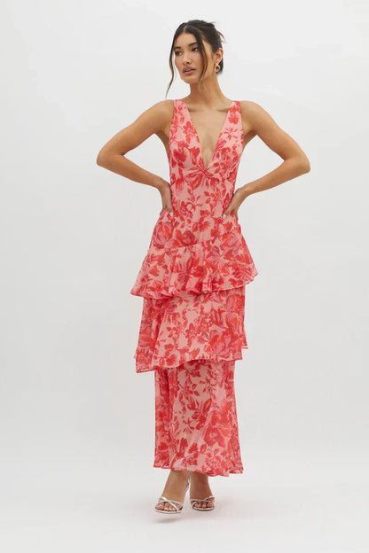 Lisa | Abito midi Floreale Coral – Eleganza Fluida e Romantica