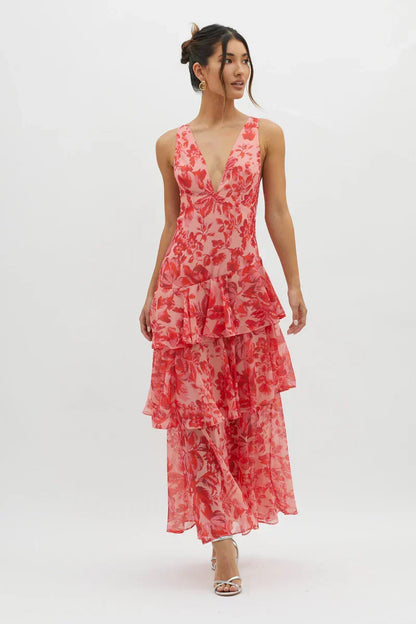 Lisa | Abito midi Floreale Coral – Eleganza Fluida e Romantica