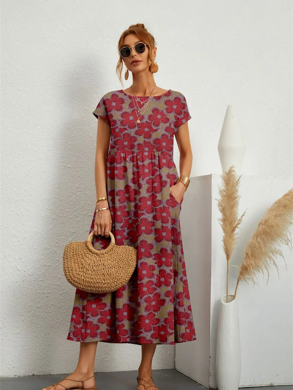 Hannah™ - Abito impreso elegante di collo rotondo con tasche
