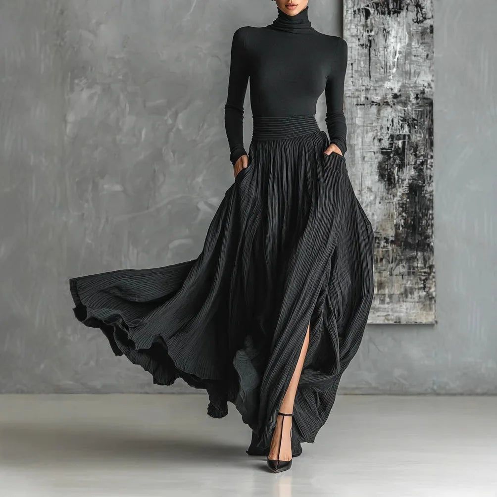 ALINA – ELEGANTE ABITO MAXI CON COLLO ALTO E FLUIDO