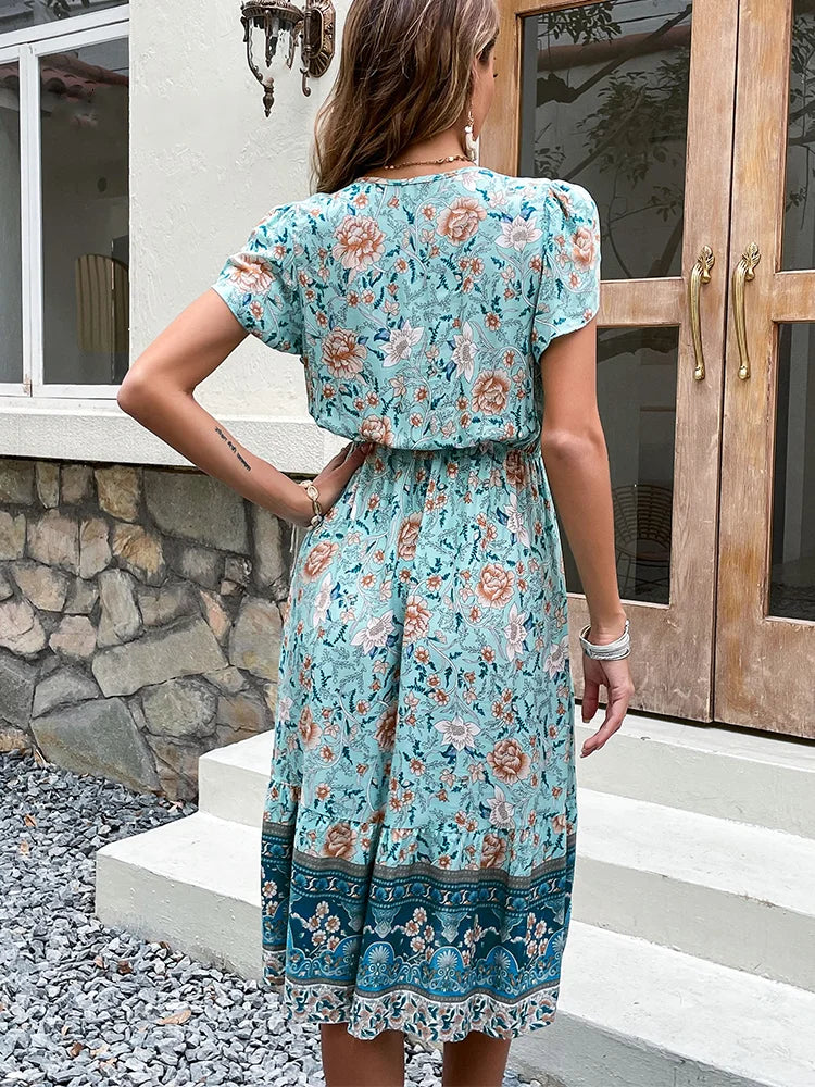 Celia - Abito Midi Boho Floreale Verde