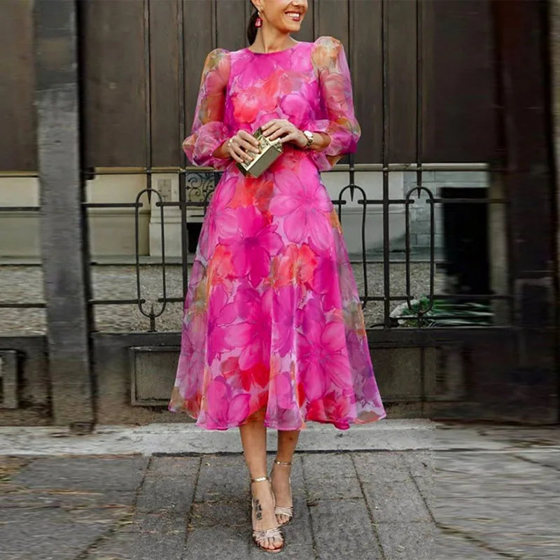 Abito Midi Floreale di Maniche lunghe da donna con Maniche Abullonadas Transparentes