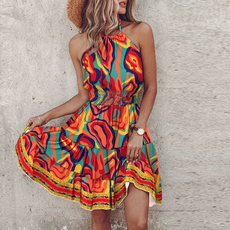 KORA – ABITO MIDI BOHEMIO COLORIDO CON SCOLLO A V