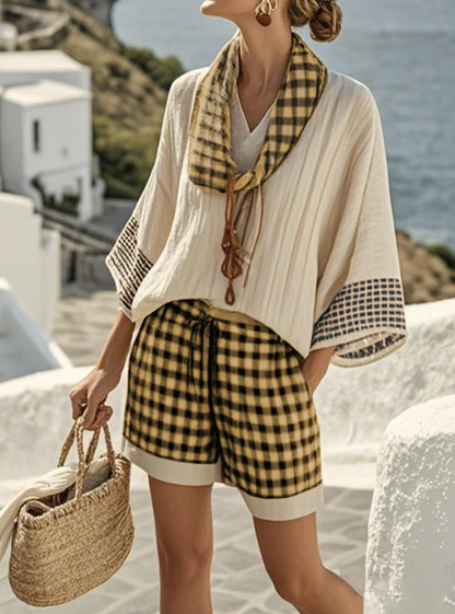 Set corto in lino con motivo a quadri