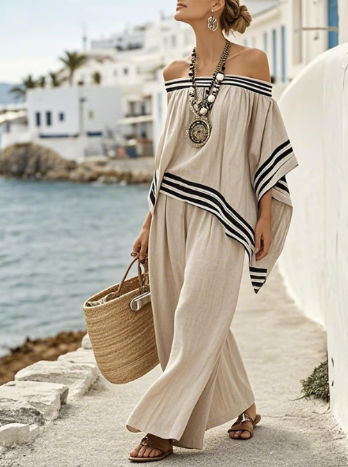 Set in lino off-shoulder con eleganti righe