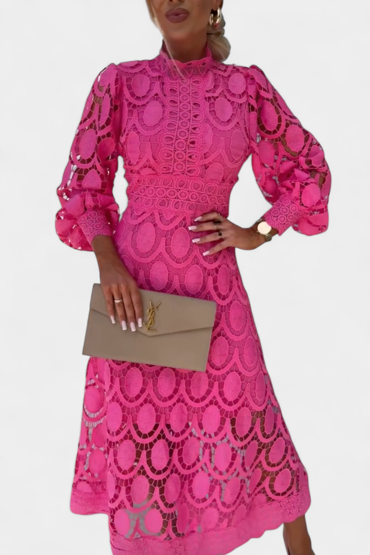 Lucinda Abito midi in pizzo con Maniche Farol e Collo alto