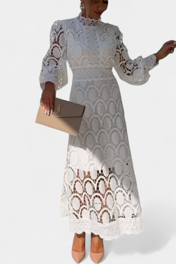 Lucinda Abito midi in pizzo con Maniche Farol e Collo alto