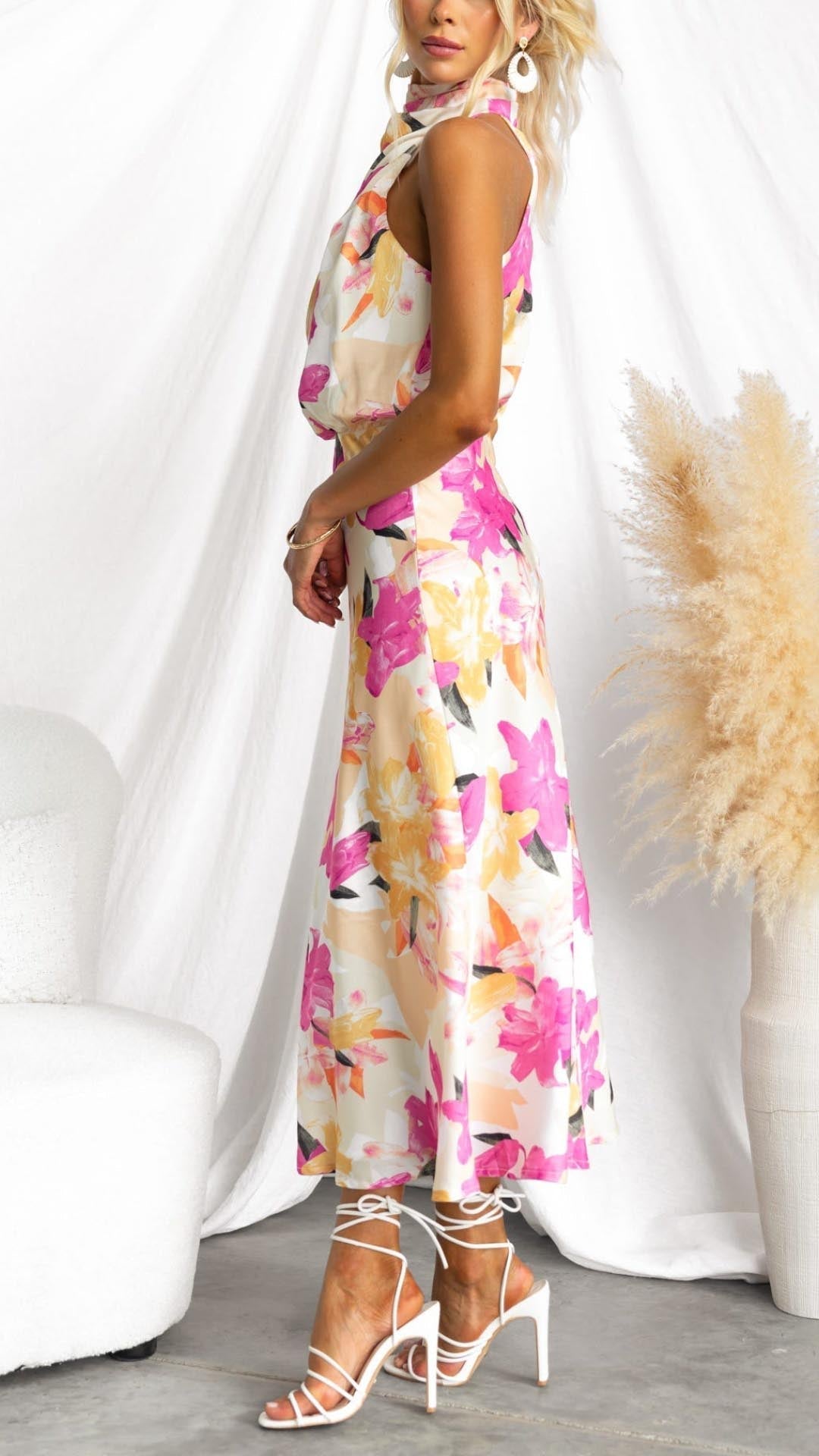Minirva - Abito Midi di Collo Alto con Encanto Floreale