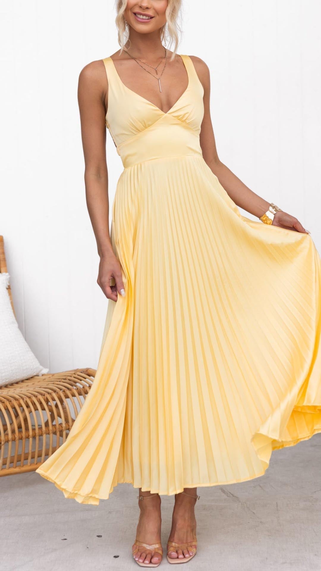 Jane | Abito maxi elegante con Pieghe e Scollo a V.