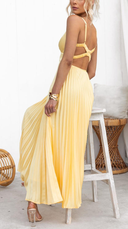 Aby™ | Abito maxi Giallo con Pliegues e scollo a V