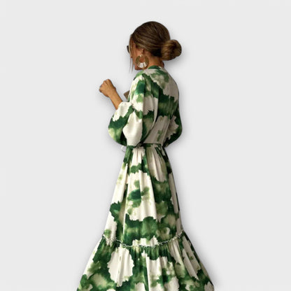 Melina - Abito Maxi Verde con Maniche lunghe e Scollo a V