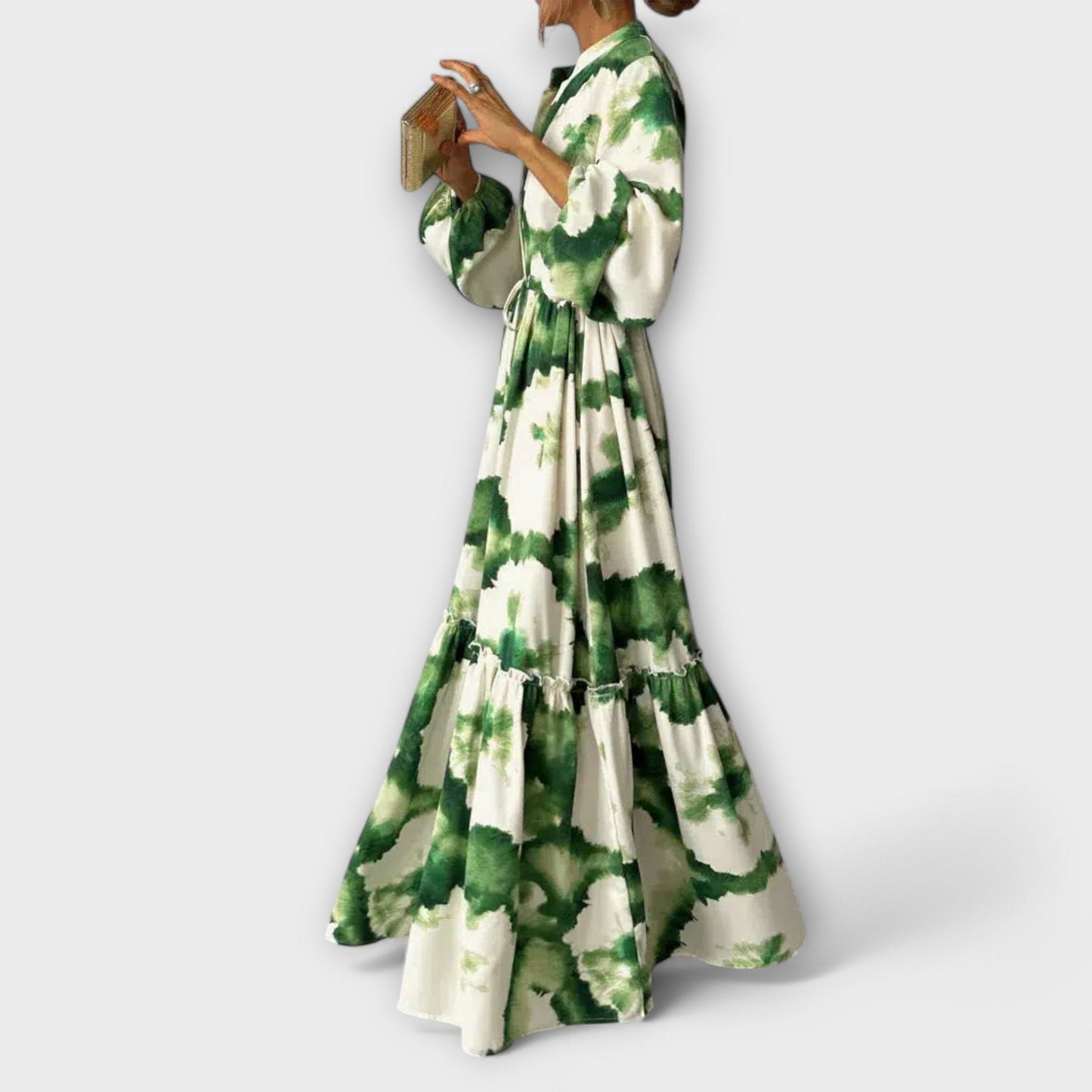 Melina - Abito Maxi Verde con Maniche lunghe e Scollo a V