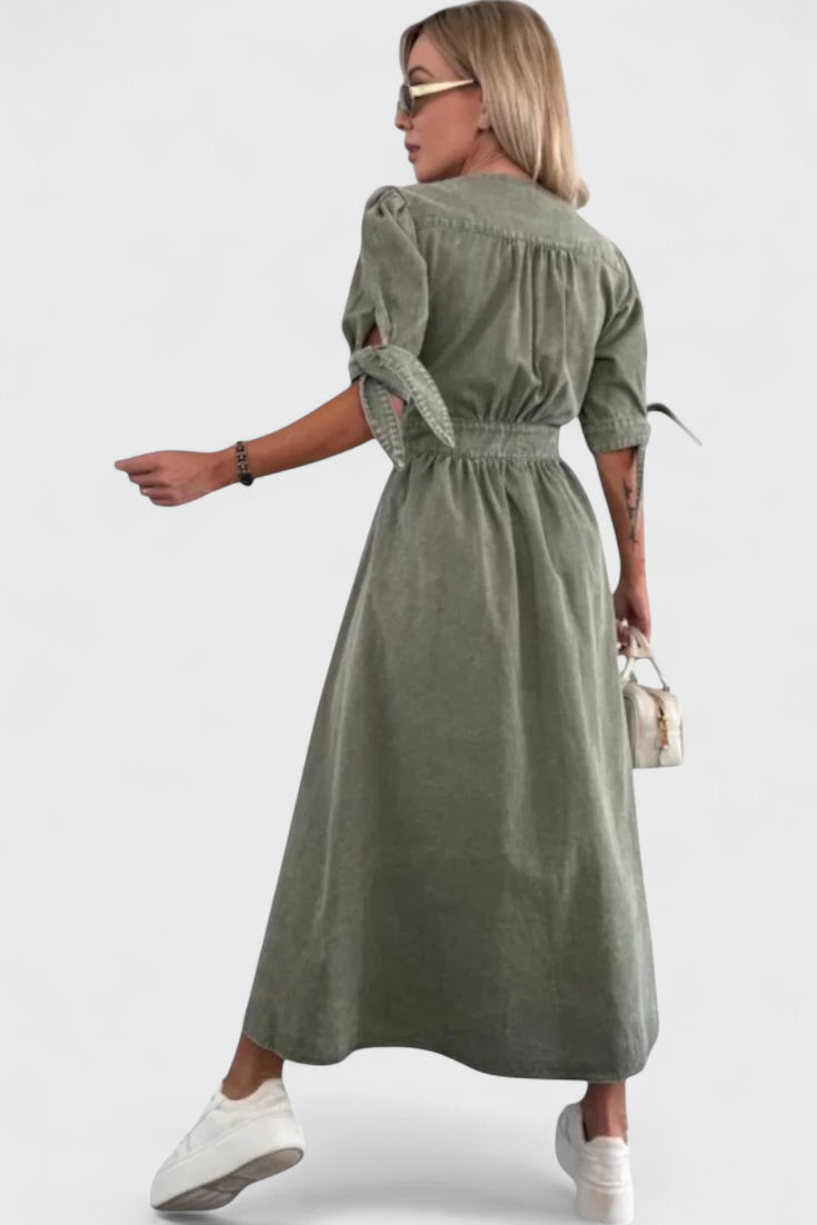 Adelina Abito midi in denim con Bottoni e scollo a V