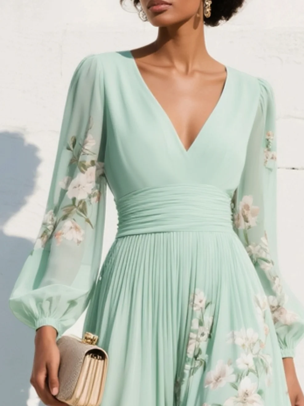 Cisella | Abito midi verde chiaro con scollo a V, in chiffon plissettato e motivo floreale