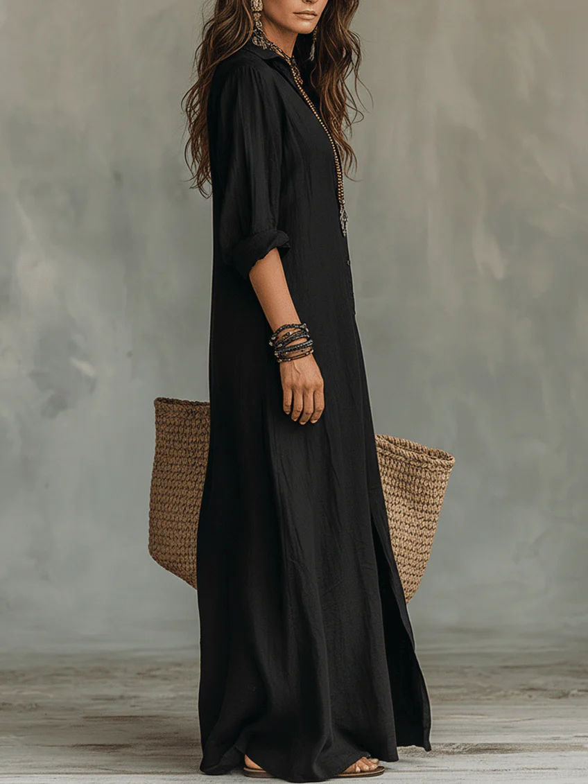 Soline™ | Abito maxi nero fluido con bottoni
