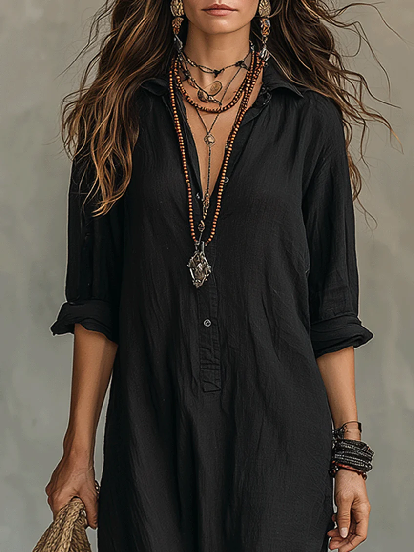 Soline™ | Abito maxi nero fluido con bottoni