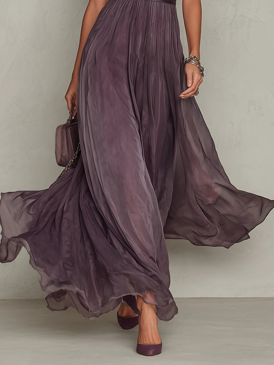 Flavia • Abito lungo viola con scollo a goccia, bordo in pizzo in chiffon