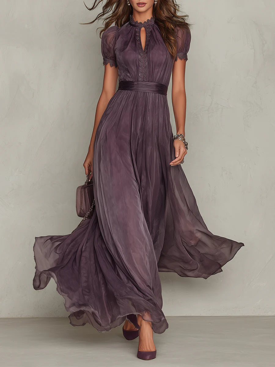 Flavia • Abito lungo viola con scollo a goccia, bordo in pizzo in chiffon