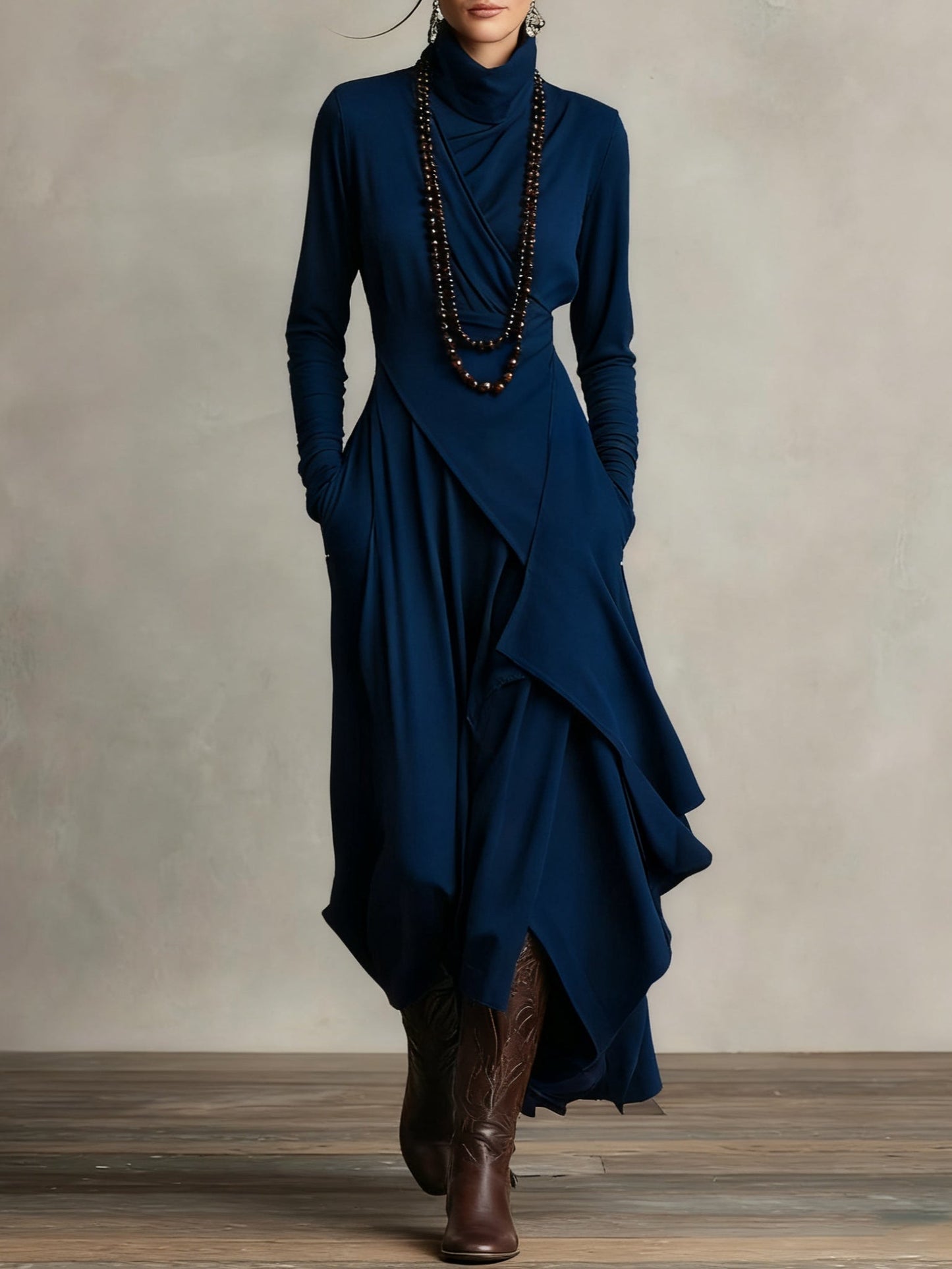 Abito maxi Viola con Collo alto e Drapado Asimmetrico