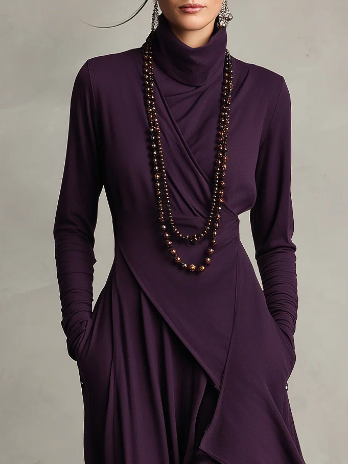 Abito maxi Viola con Collo alto e Drapado Asimmetrico