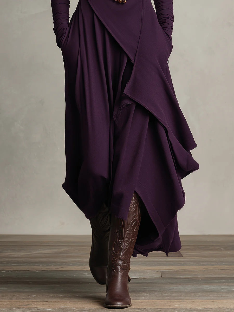 Abito maxi Viola con Collo alto e Drapado Asimmetrico