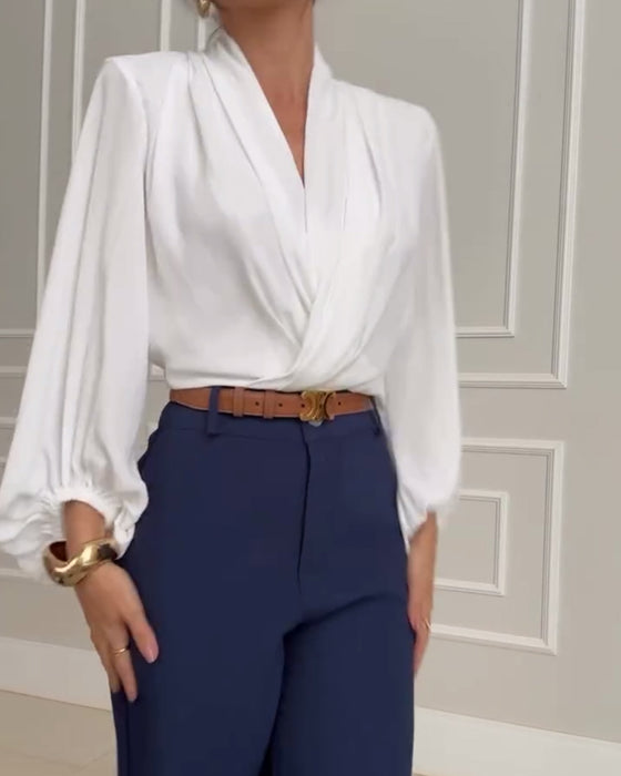 Blusa a maniche lunghe con collo a V di Tinta unita