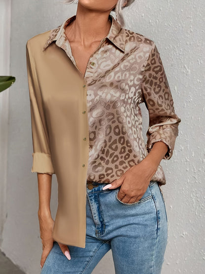 Gwendolyn - Camicia Button-Up in Satin Bicolor con Stampa di Leopardo