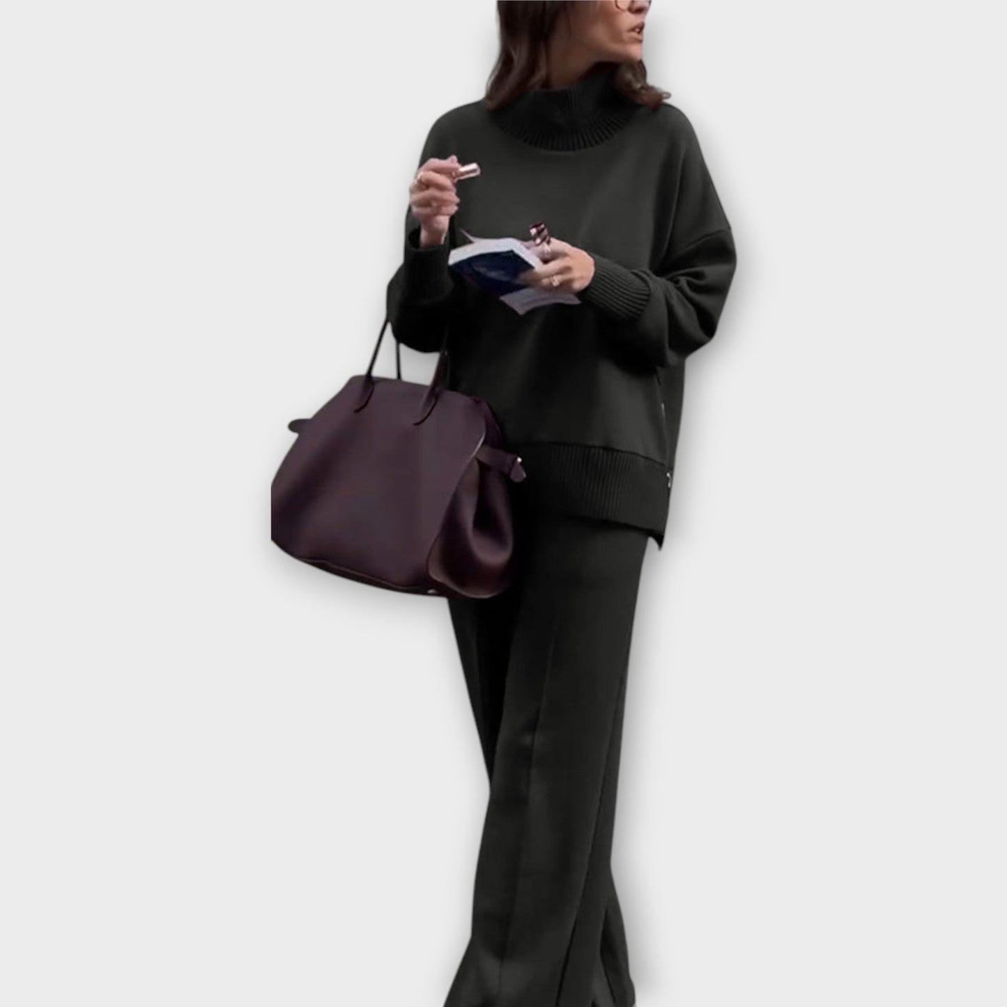 Completo di Maglione Rilassato con Collo Alto e Pantalones di Pierna Ancha